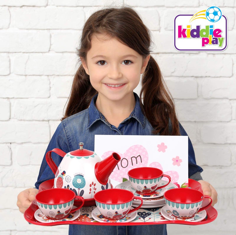 Kiddie Play Tea Set for Little Girls, Pretend Play Tea Party Set, Floral Design Kids Tin Tea Set with Carrying Case (15 Pcs) - Image 5